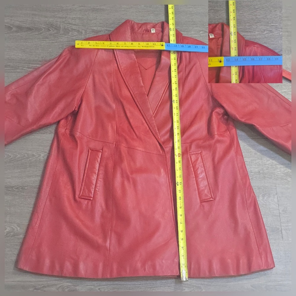 VTG Preston And York Red Lambskin Leather Coat Open Front Mid Length Women's L - Picture 13 of 16